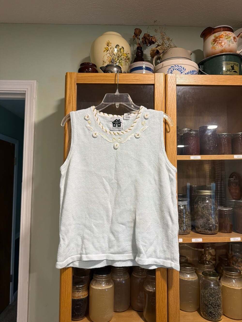 Vintage Storybook Knits Pastel Blue Sleeveless Sweater Vest with Floral Embroide